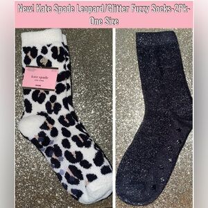 New! Kate Spade Leopard/Glitter Fuzzy Socks-2Pk- One Size- Cream Leopard/Black🖤✨